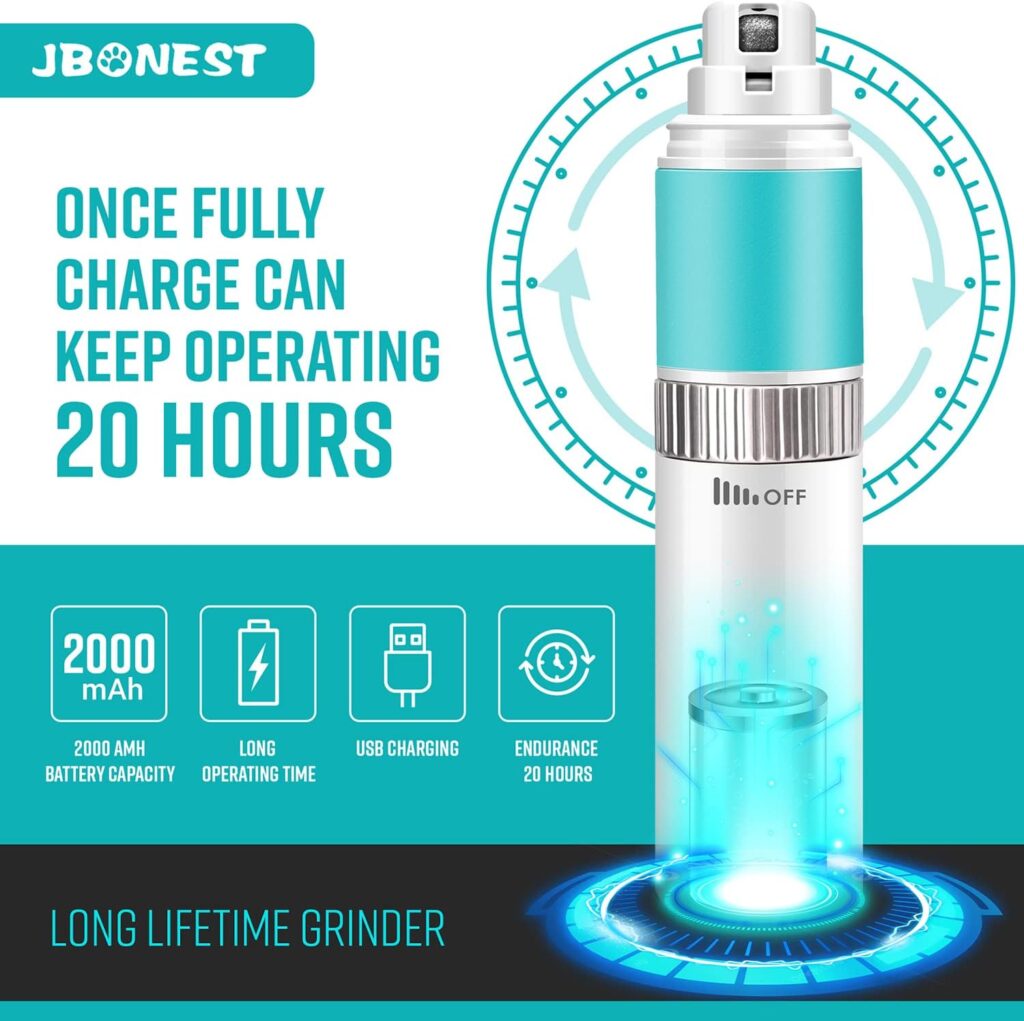 JBonest Dog Nail Grinder Quite with 20h Working Time, Stepless Speeds Rechargeable Pet Claw Trimmer with Clipper and File for Large Medium Small Dogs Cats Pets