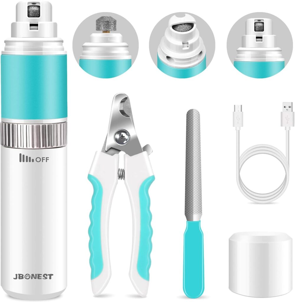 JBonest Dog Nail Grinder Quite with 20h Working Time, Stepless Speeds Rechargeable Pet Claw Trimmer with Clipper and File for Large Medium Small Dogs Cats Pets