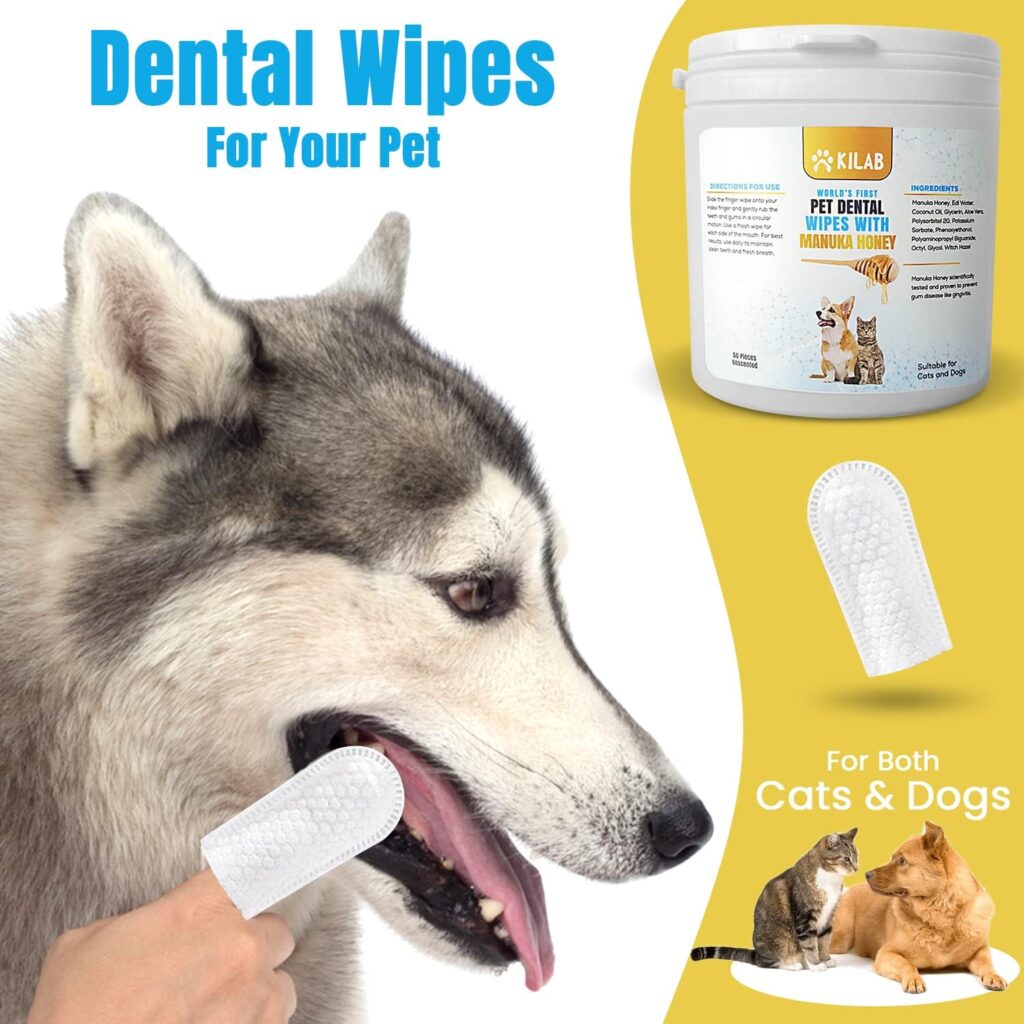 Kilab Teeth Cleaning Wipes for Dogs  Cats, Remove Bad Breath and Plaque and Tartar Buildup No-Rinse Dog and Cat Finger Toothbrush, Gum Care Pet Wipes, 50 Counts (Coconut Oil)