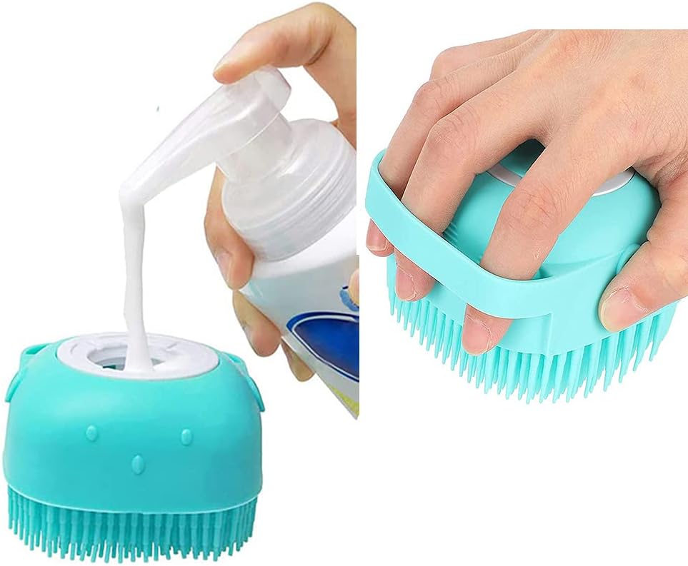 Pet Dog Bath Brush Soft Silicone Dog Shampoo Brush, Brush Hair Fur Grooming Cleaning Brush Soft Shampoo Dispenser (Blue)