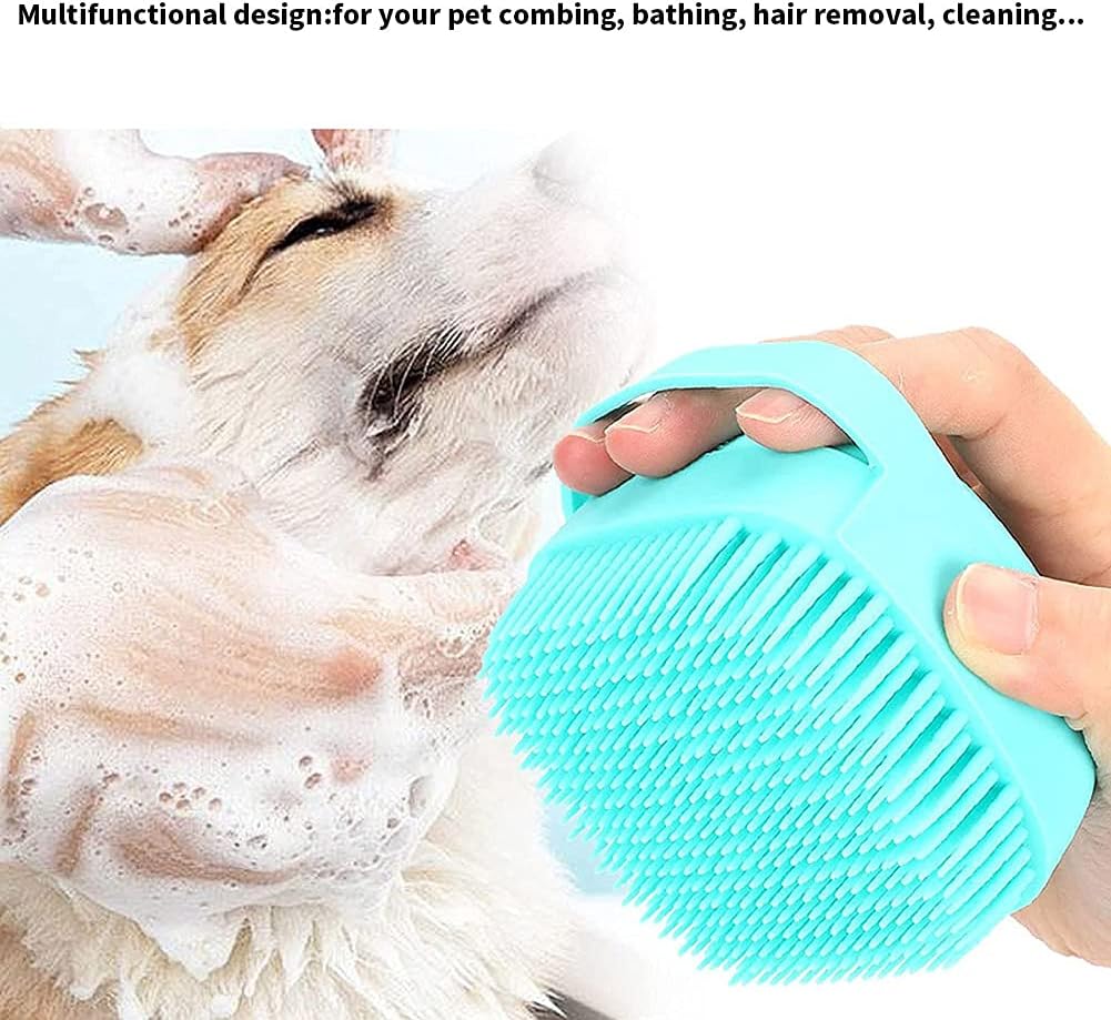 Pet Dog Bath Brush Soft Silicone Dog Shampoo Brush, Brush Hair Fur Grooming Cleaning Brush Soft Shampoo Dispenser (Blue)