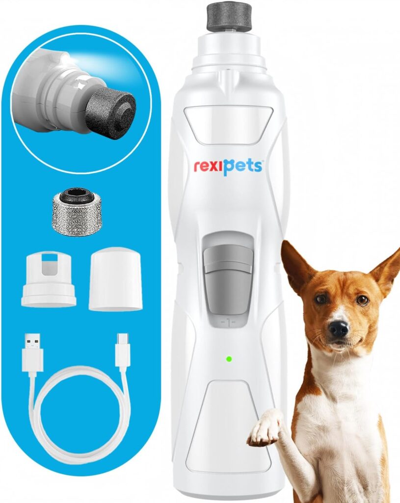 REXIPETS Cat and Dog Nail Grinder - Rechargeable Electric Pet Nail Clipper  Trimmer- Painless Paws Grooming - Quiet 2-Speed Motor. 3 Size Ports for Small, Medium, Large Pets- Up to 4 Hours of Charge