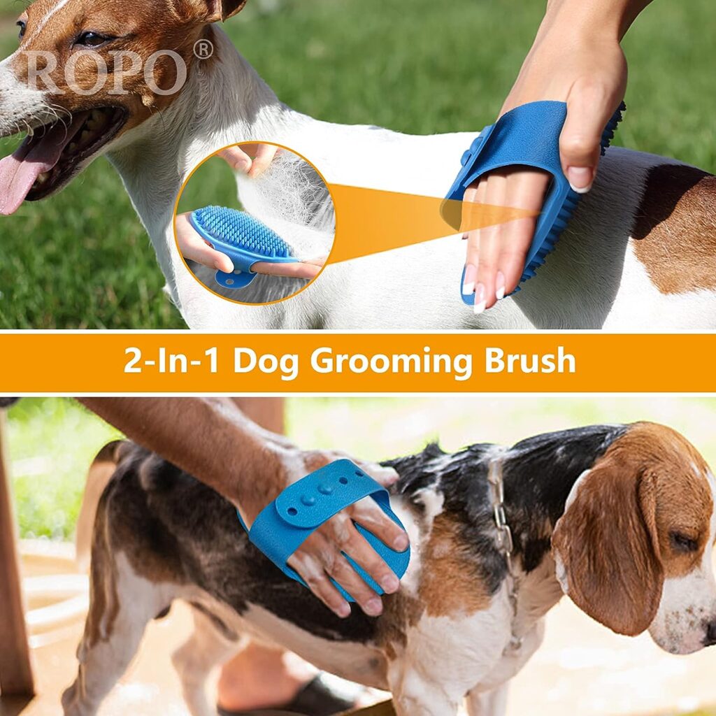ROPO Dog Grooming Brush, Pet Shampoo Bath Brush Soothing Massage Rubber Comb with Adjustable Ring Handle for Long Short Haired Dogs and Cats 2pcs