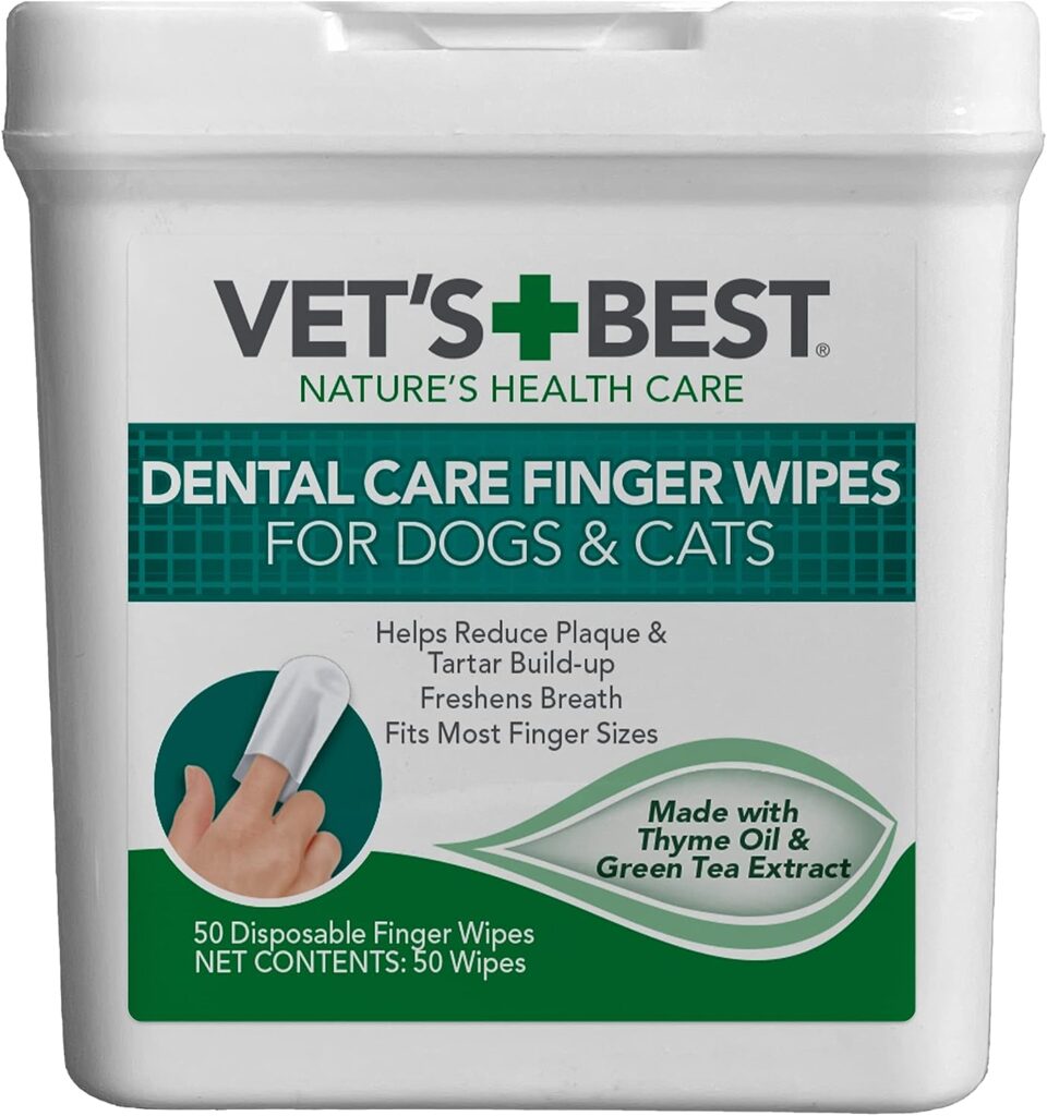 Vets Best Dental Care Finger Wipes - Reduces Plaque  Freshens Breath - Teeth Cleaning Finger Wipes for Dogs  Cats - 50 Count