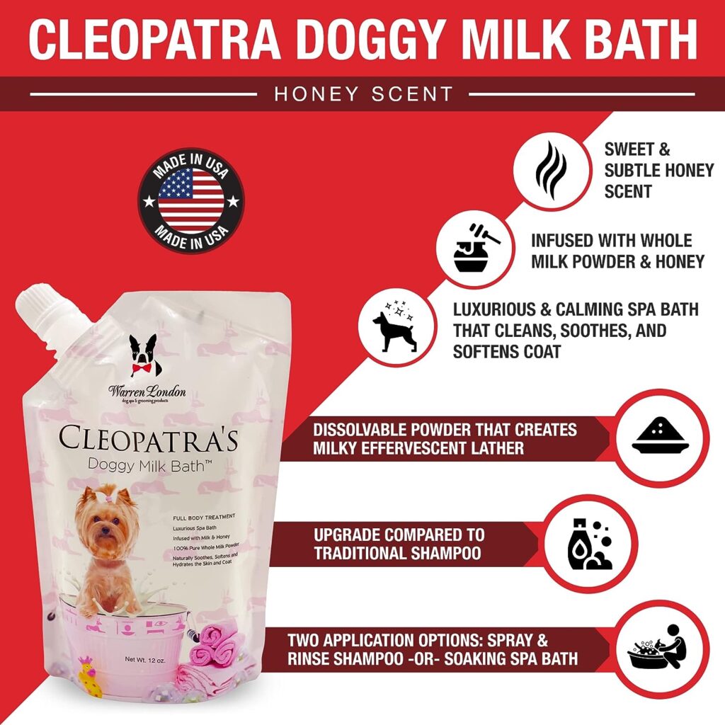 Warren London Cleopatras Doggy Milk Bath | Luxurious Dog Shampoo and Conditioner w/Whole Milk Powder and Honey for Silky Smooth Coat | Use as a Full Bath Soak or Spray On Dog Shampoo | 12oz
